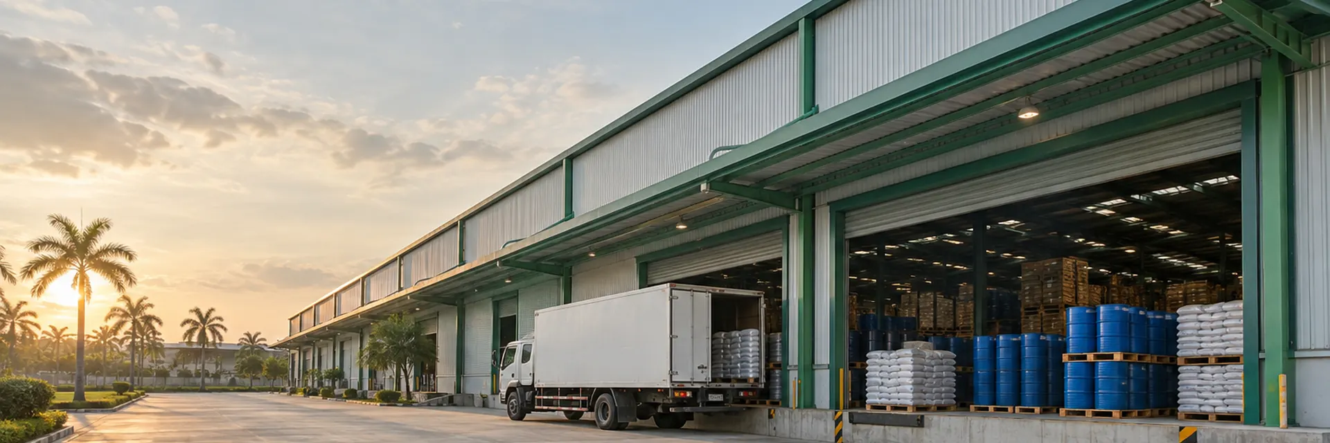 Kho nguyên liệu hóa chất của PT-GrowChem tại Củ Chi, TP.HCM lúc chiều muộn, xe tải đang ăn hàng tại cửa kho