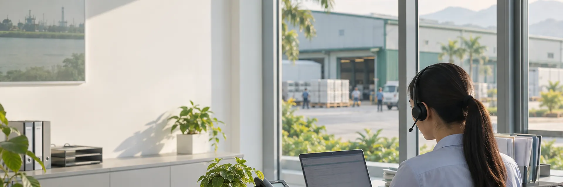 Nhân viên kinh doanh PT-GrowChem đeo tai nghe, làm việc tại bàn trong văn phòng nhìn ra sân kho