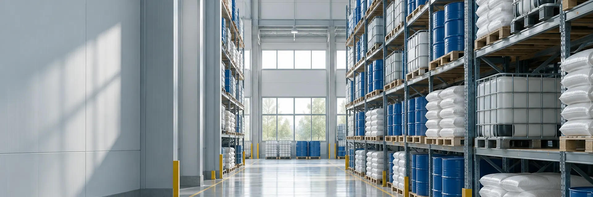 Lối đi giữa hai dãy kệ chứa phuy thép xanh, bao nguyên liệu trắng và tank IBC trong kho PT-GrowChem